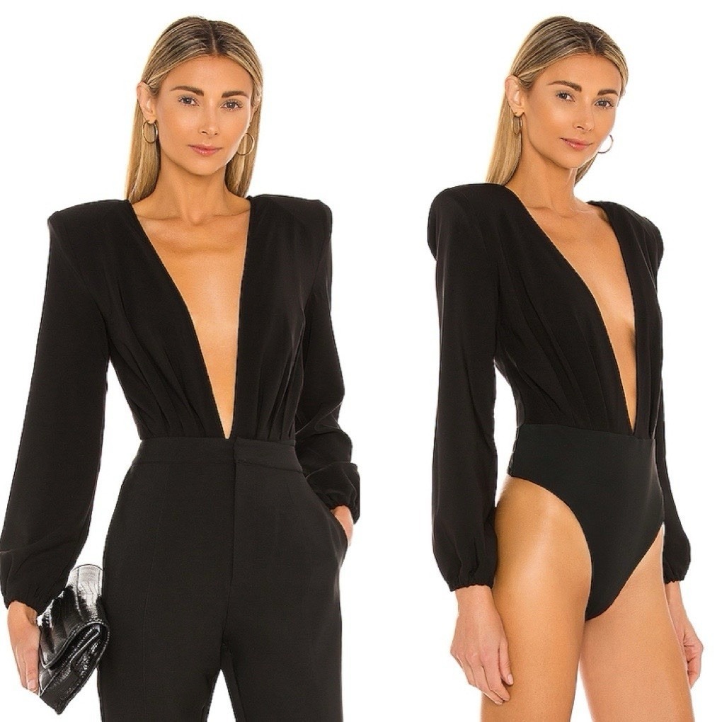Michael Costello X Revolve Bodysuit Womens Xs Black Plunge Deep V Long Sleeve